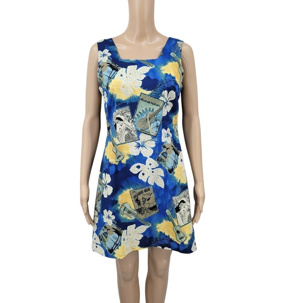 Vintage Blue and Yellow Tropical Hawaiian Print Short Sheath Dress Sleeveless